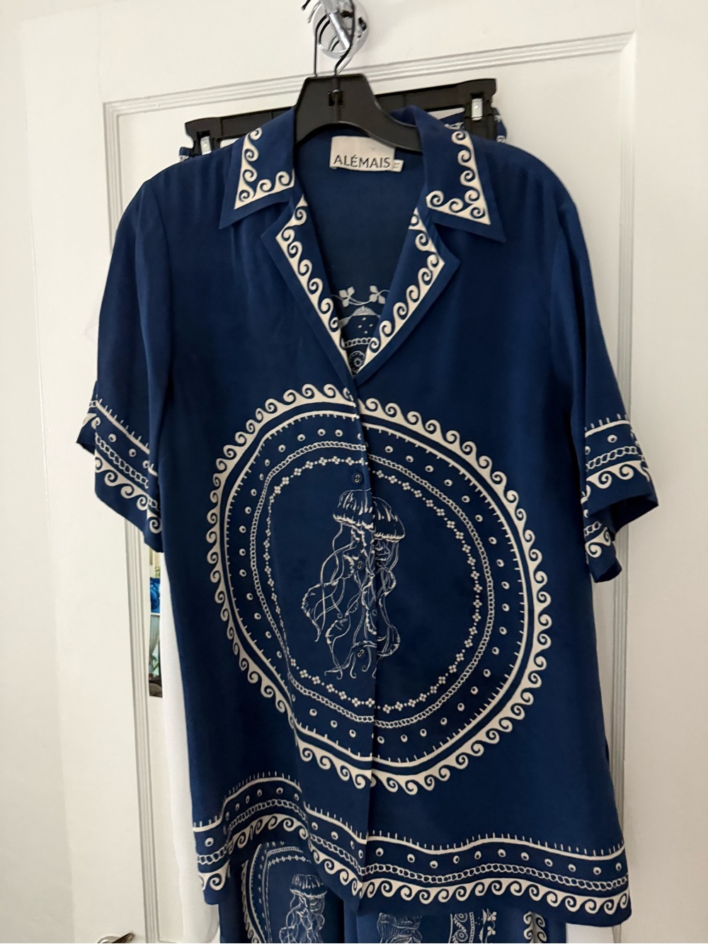 Alemais Navy Blue Button-Down Shirt with White Nautical Jellyfish Motif